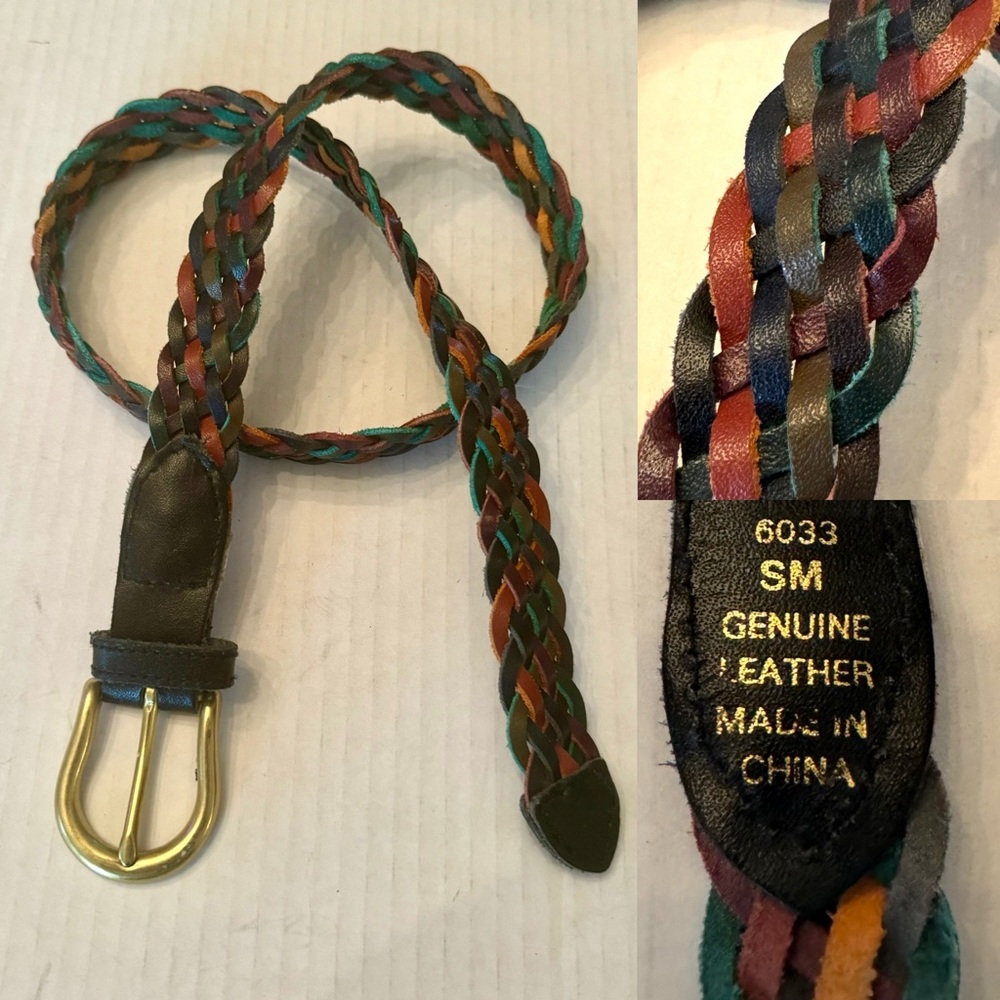 Vintage 80s 90s Braided Leather Belt Women's S M Adjustable Belt Brass buckle